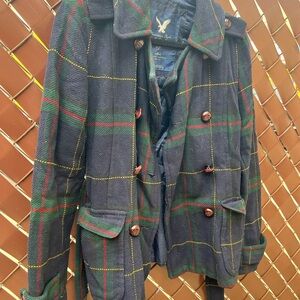 American Eagle Outfitters Navy Plaid Pea Coat